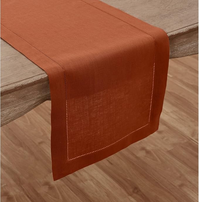 Solino Home Linen Cinnamon Table Runner 132 Inches Long - 100% Pure Linen Extra Long Table Runner 14 x 132 Inch - Classic Hemstitch - Fall, Autumn, Halloween, Thanksgiving