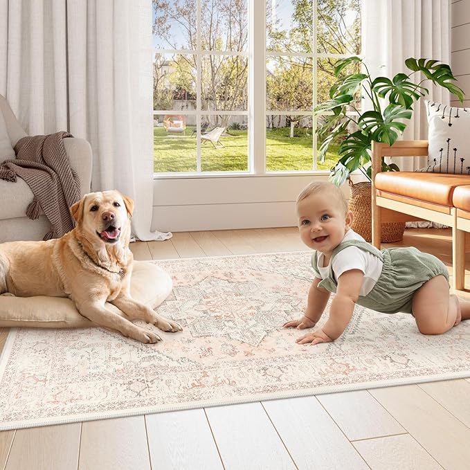 LIVEBOX Pink Carpet 3x5 - Oriental Floral Non-Slip Indoor Rug for Kitchen Entrance, Faux Wool Front Door Mat, Pet Friendly Accent Throw Rug for Bedroom Entry Foyer Laundry Room, Pink