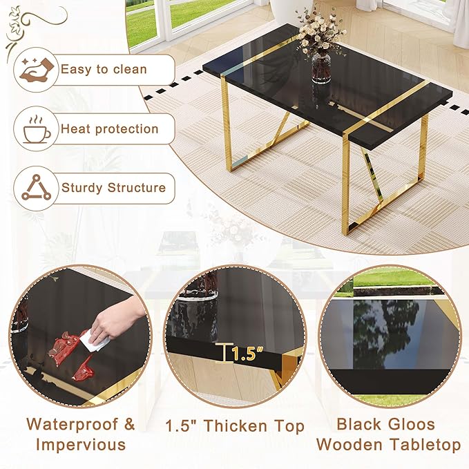 55" Black Dining Table Set for 4, 5 Piece Dining Table Set, 1.5" Black Glossy Wood Tabletop with Gold Metal Legs, Modern Kitchen Table Set with 4 Bow-legged Faux Leather Chairs for Dining, Small Space