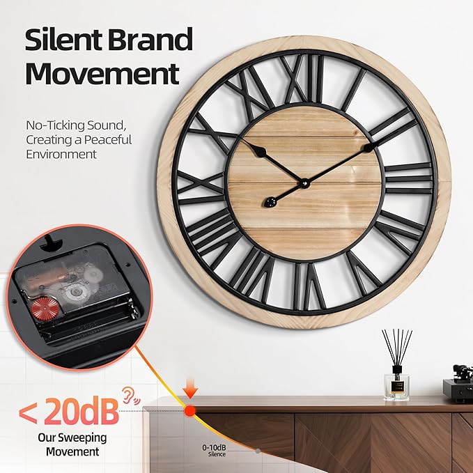 LEIKE 24 Inch Large Wall Clock - Rustic Wooden Silent Non-Ticking Wall Clock with Black Metal Frame, Vintage Farmhouse Decorative for Living Room, Bedroom, Kitchen - Roman Numerals, Modern Design