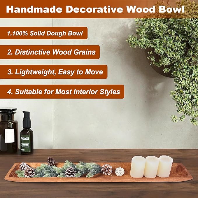Uziass Wood Dough Bowl, 39.25in Hand Carved Rustic Wooden Dough Bowls Farmhouse Decorative Wood Dough Bowl Long Wooden Bowls for Dining Table Centerpiece Living Room Home Kitchen Counter Accent Decor