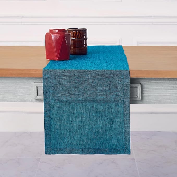 Solino Home Linen Small Table Runner 60 Inches - Athena, 100% Pure Linen Chambray Teal Table Runner 14 x 60 Inch Ideal for Dresser and Coffee Tables - Fall, Autumn, Thanksgiving