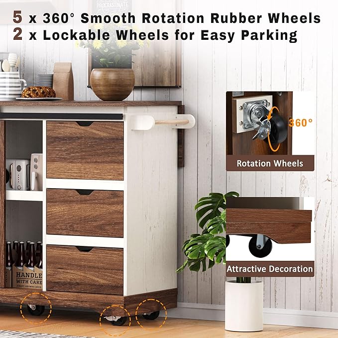 55.5" Farmhouse Kitchen Island with Drop Leaf, Kitchen Storage Island with Barn Door, Power Outlet, for Home, Kitchen, Dining Room, White