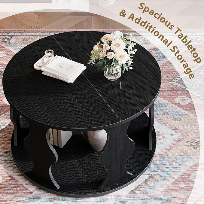 HSH Black Round Coffee Table, Modern Wood Circle Center Table for Living Room, Unique Rustic Wooden Circular Coffee Table with Storage, 2-Tier Accent Cocktail Tea Tables in Small Room, 31.5 in, Oak