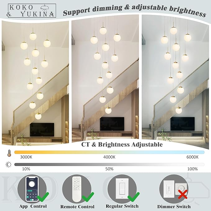 KoKo&Yukina 12-Light Gold Mid Century Modern Chandelier for Living Room Staircase Chandelier for Entryway Globe Milky White Glass Pendant Light High Ceiling Chandeliers Foyer (Bulb & Remote Incl.)
