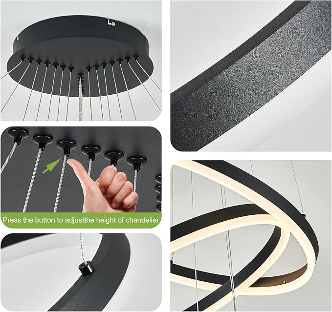 5 Rings D31.5 Modern LED Chandelier Black Large Dimmable Circular High Ceiling Chandeliers with Remote Control for Foyer Dining Room Living Room Staircase Villa, 3000K-6500K CCT