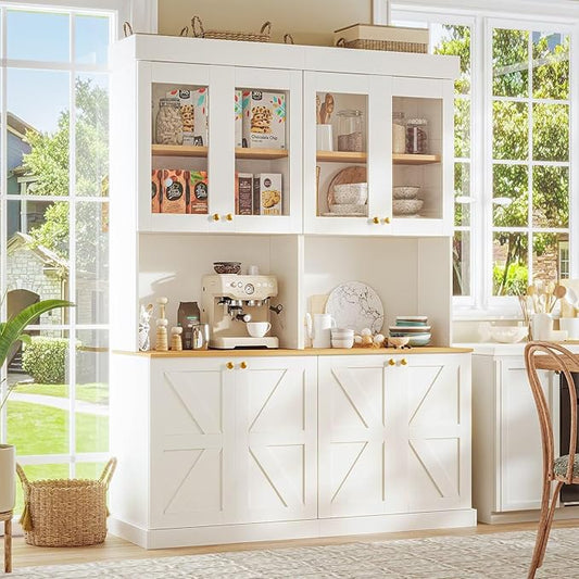 Vyre 71" Farmhouse Kitchen Pantry Cabinet Set of 2, White Freestanding Coffee Bar Hutch with Glass Doors & Adjustable Shelves, Large Storage Cabinet with Microwave Stand for Living Room & Kitchen