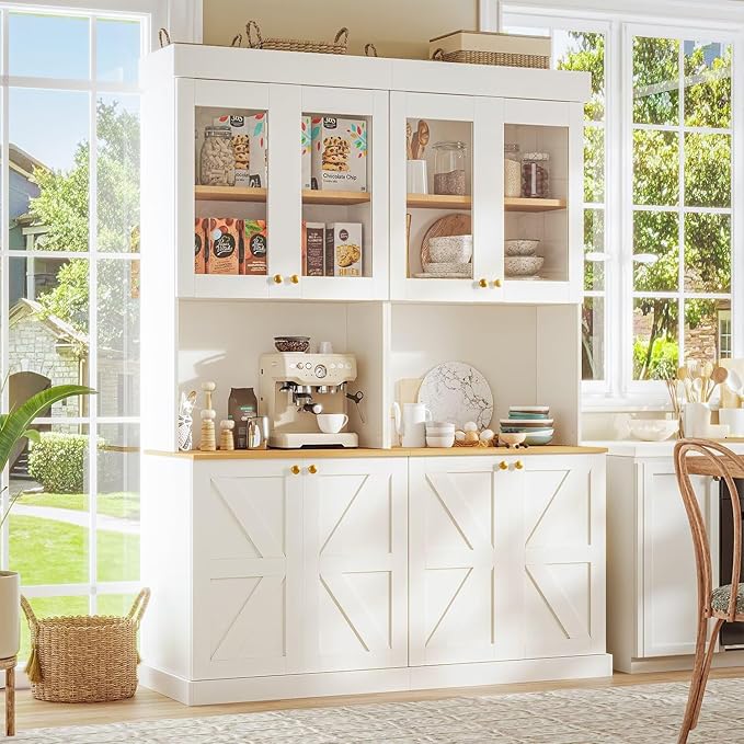 Vyre 71" Farmhouse Kitchen Pantry Cabinet Set of 4, White Freestanding Coffee Bar Hutch with Glass Doors & Adjustable Shelves, Large Storage Cabinet with Microwave Stand for Living Room & Kitchen