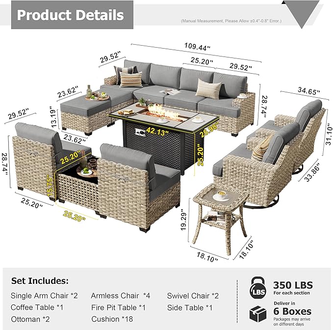 HOOOWOOO Outdoor Sectional Patio Furniture Set with Fire Pit Table,13 Pieces Wicker Conversation Sets L Shaped Couch,Extra Deep Out Door Sofa Outside Furniture with Swivel Chairs Ottoman,Charcoal Gray