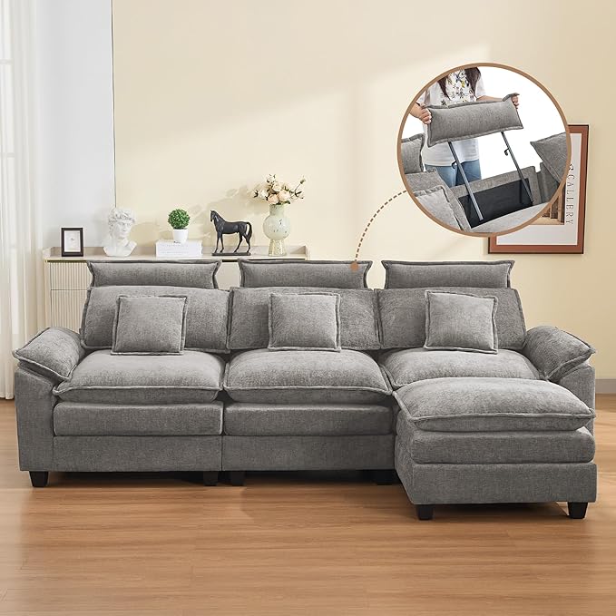 103'' Cloud Modern 3 Seater Couch with Detachable Headrest, Modular Sectional Sofa with Ottoman, Oversized L Shape Chenille Comfy Sofa with Armrests for Living Room, Light Grey