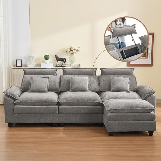103'' Cloud Modern 3 Seater Couch with Detachable Headrest, Modular Sectional Sofa with Ottoman, Oversized L Shape Chenille Comfy Sofa with Armrests for Living Room, Light Grey