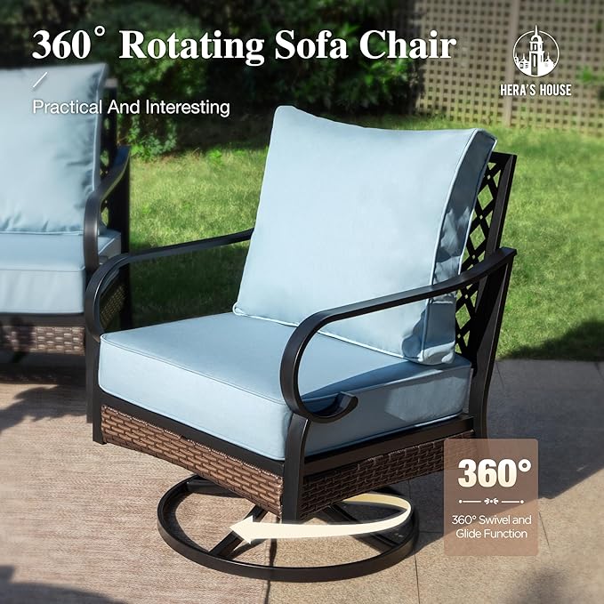 HERA'S HOUSE 4 Piece Patio Furniture Set with 56" Fire Pit Table, 2 x Swivel Cushioned Chair, 1 x 3-Seat Sofa, 5-Seats Outdoor Conversation Set for Lawn Garden Deck, Blue