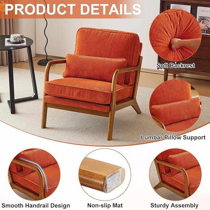 Karl home Mid-Century Modern Accent Chair, Living Room Chairs with Pillow Corduroy Upholstered Lounge Armchair with Solid Wood Frame & Soft Cushion for Bedroom, Reading Room, Orange