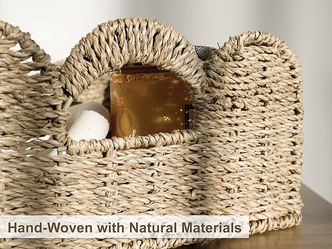 StorageWorks Scalloped Wicker Basket, Hand-woven Rattan Baskets with Built-in Handles, Seagrass Basket for Organizing and Decor, 2 Pack