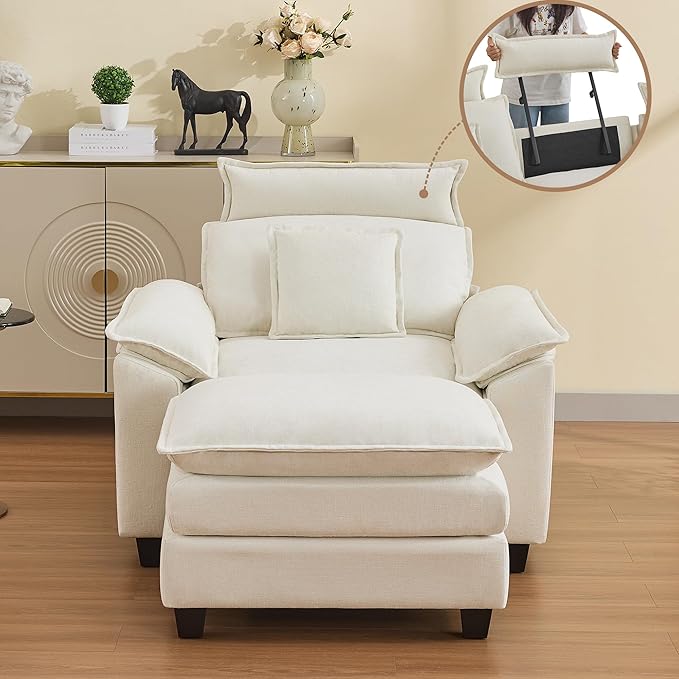 46''Cloud Oversized Sofa Chair with Detachable Headrest, Upholstered Comfy Arm Accent Chair with Ottoman,Modern Chenille Reading Lounge Armchair for Living Room,Bedroom, Beige