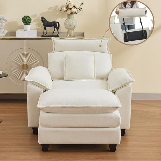 46''Cloud Oversized Sofa Chair with Detachable Headrest, Upholstered Comfy Arm Accent Chair with Ottoman,Modern Chenille Reading Lounge Armchair for Living Room,Bedroom, Beige