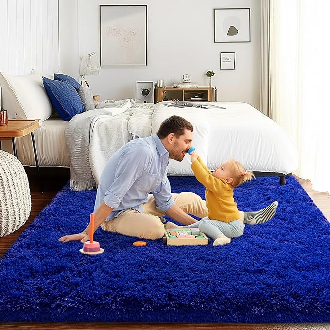 4x6 Area Rug for Bedroom, Blue Rugs for Living Room Nursery Kids Room Dorm Home Decor Aesthetic, Fluffy Shaggy Rug with 4 Anti-Slip Carpet Tapes, Navy Blue