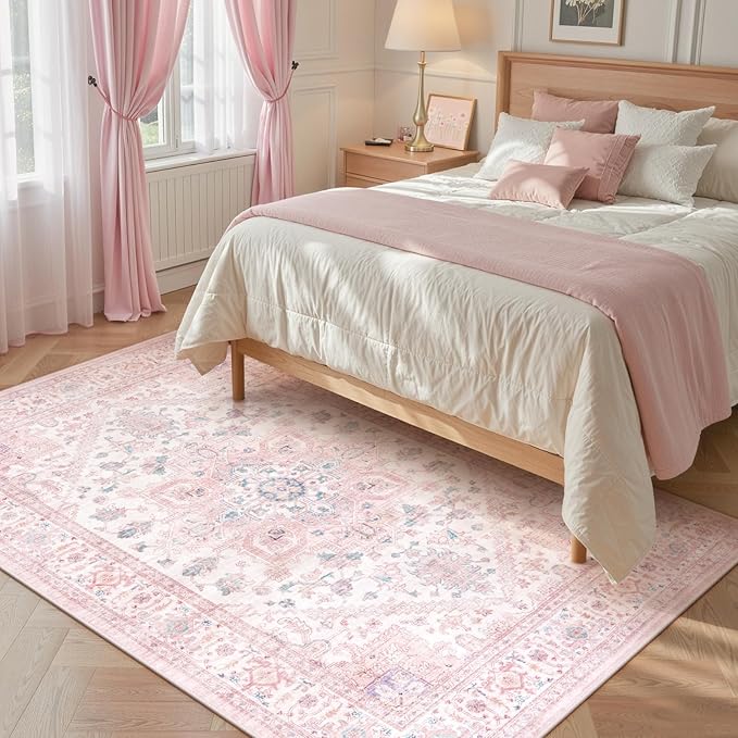 LIVEBOX Pink Washable Area Rug 5x7 - Large Vintage Tribal Living Room Non-Slip Indoor Carpet for Bedroom, Low-Pile Retro Print Distressed Accent for Nursery Dorm Home Decor