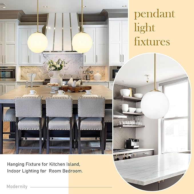 10 Inch Globe Pendant Light Gold Mid Century Pendant Light Contemporary Globe Pendant Lights Adjustable Hanging Light Fixture Milk Glass with Brass Finish for Dining Room Kitchen Island