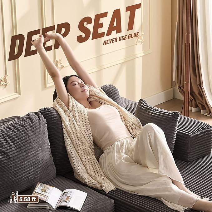 107" Boneless Couch with Deep Seat, Modular Sectional Sofa, Cloud Sectional Couch for Living Room, No Assembly Required, Corduroy, L-Shape Right，Grey