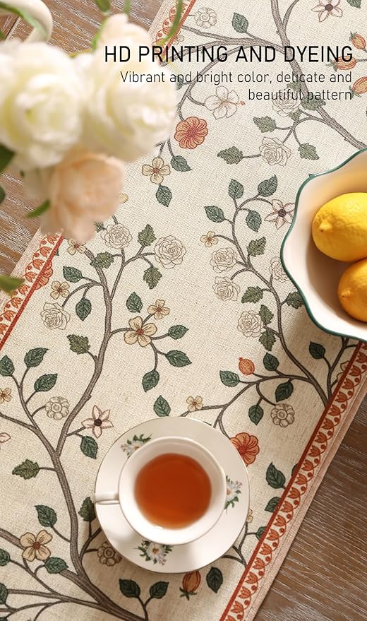 ISAENNE Designer Elegant Linen Floral Table Runner 87 Inches Long,Farmhouse Light Beige Durable Decor Table Runners for Dining Tables,Thanksgiving,Kitchen Tables,Christmas,12"*87"-Flora A