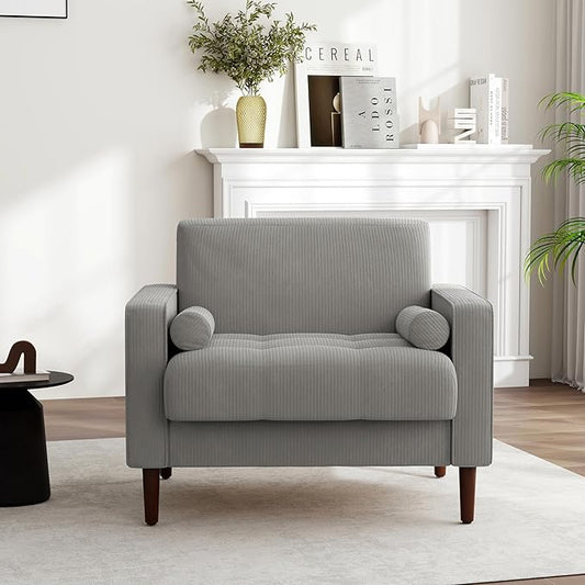 UIXE Accent Chair, Corduroy Upholstered Arm Chairs for Living Room, Comfy Armchair Mid-Century Track Armrest Single Sofa Bedroom Reading Seat with 2 Bolster Pillows - Light Gray, Set of 1
