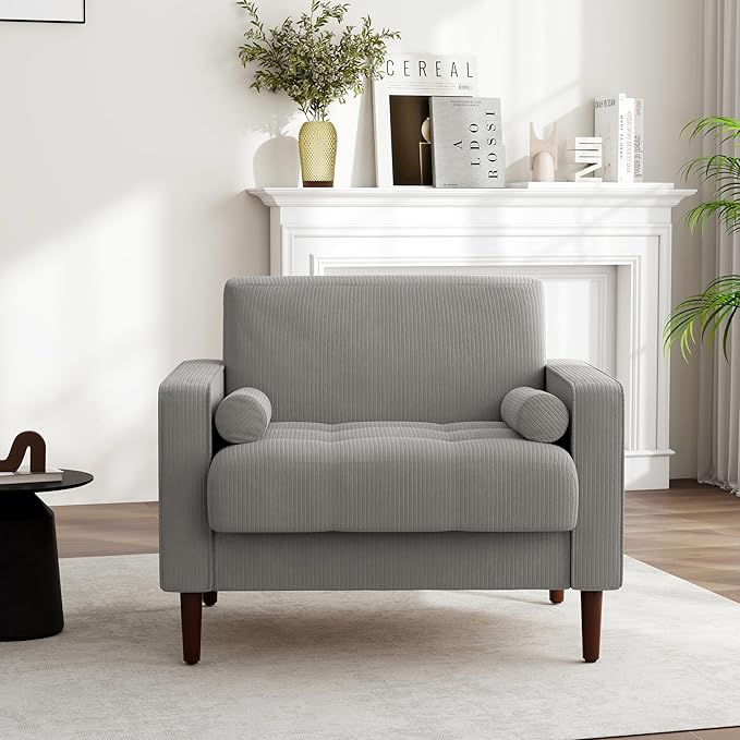 UIXE Corduroy Accent Chairs Set of 2, Modern Upholstered Living Room Arm Chair Bedroom Reading Armchair with Bolster Pillows, Mid-Century Track Armrest Tufted Single Sofa Seat (Light Gray)
