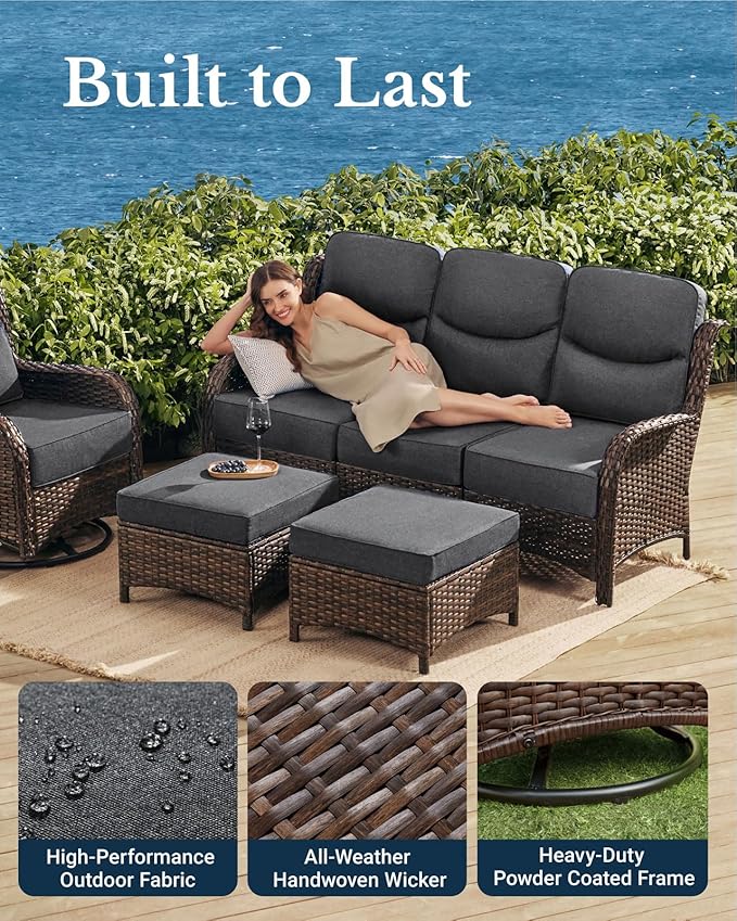 HILLGA Luxury High Back Patio Furniture Set with 6-Inch Thick Cushion, 8-Piece Outdoor Conversation Set with Sofa, Swivel Rocker Chairs & Ottomans, Ideal for Porch Pool Deck Yard (Dark Grey)