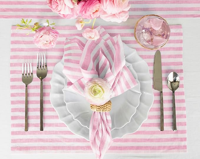 Solino Home Linen Napkins Set of 4-100% Pure Linen Amalfi Stripe Cherry Blossom and White Cloth Dinner Napkins 20 x 20 Inch - Handcrafted and Machine Washable