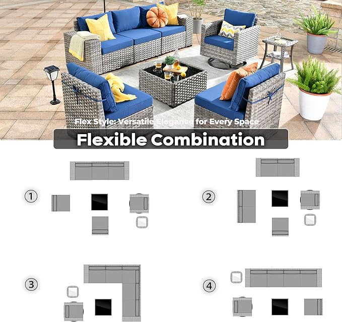 ovios 8 Pieces Patio Furniture Set, Outdoor Wicker Sectional Sofa with Swivel Chair Coffee Table, Modern Modular Deep Seat Rattan Couch Conversation Sets, Navy Blue