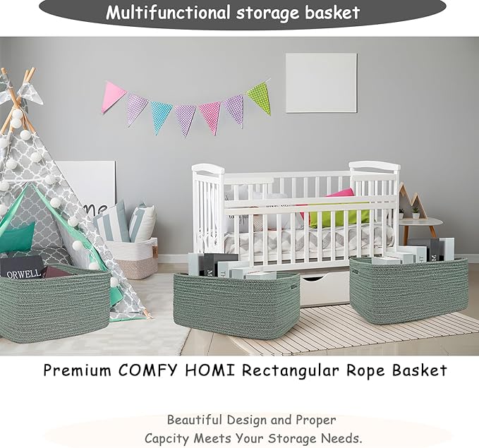 COMFY-HOMI 2 pcs Large Storage Baskets for Shelves, Laundry Basket, Woven Rope Basket, Closet Organizer Bins for Clothes Blanket Towels, Baby Nursery, Gift Toy Baskets, 17” x 13” x 7.5”-green