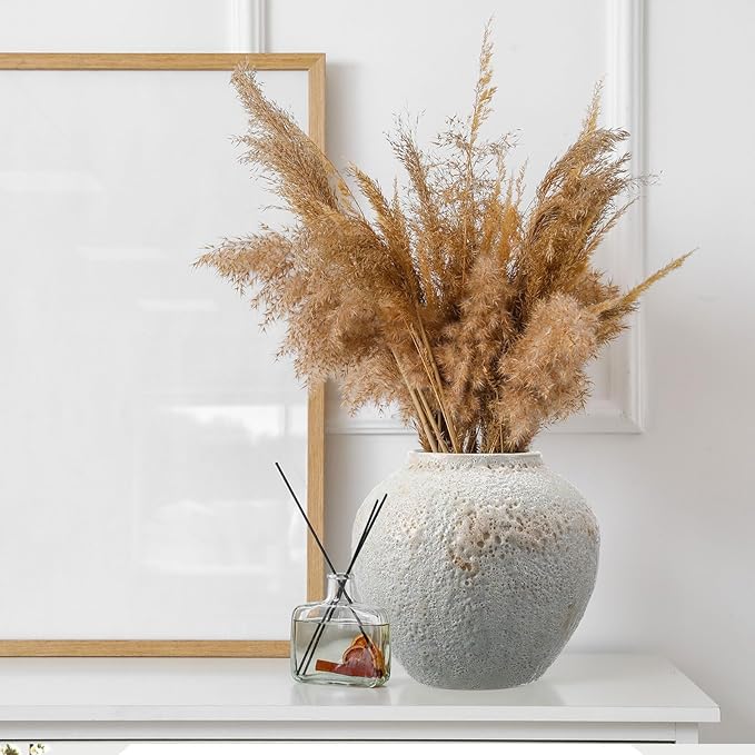 White Ceramic Decorative Flower Vase 8.27" x 8.66" Textured Round Rustic Pottery Vintage Large Vase for Home Decor Centerpieces Living Room Christmas Decoration