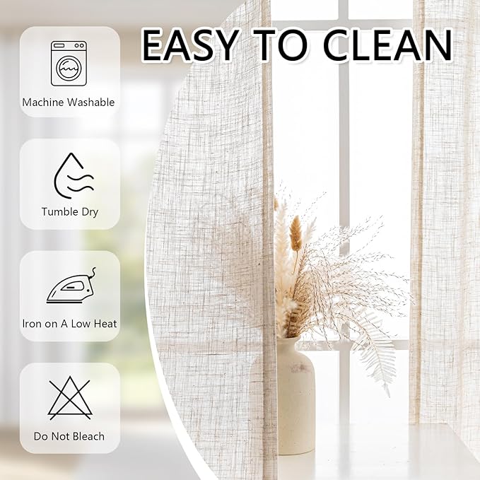 MYSKY HOME Linen Curtains for Living Room, Natural Semi Sheer Curtains & Drapes 80 inches Length 2 Panels Set Farmhouse Country Boho Style Back Tab Draperies for Sliding Glass Door, 50" Wide, Linen