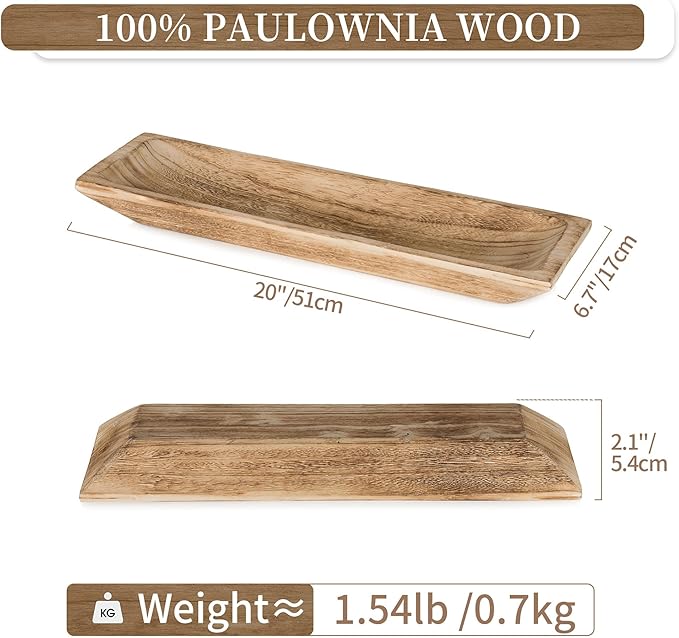 Hanobe Decorative Wood Dough Bowl: Large Long Wooden Centerpiece Table Decorations Natural Candle Holder Tray Decor Rustic Unfinished Centerpieces for Dining Room Kitchen Fruit Bowls, Burnt