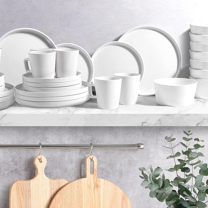 Zulay Kitchen Terra Stoneware 32-Piece Dinnerware Set, Artisanal Ceramic Plates and Bowls Set Crafted at 2300℉ - Service for 8, Frost White