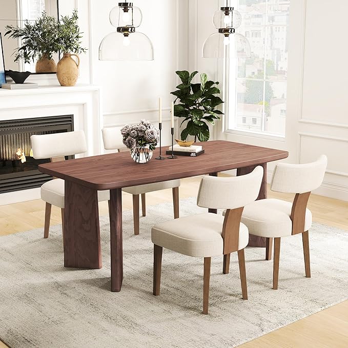 71" Long Walnut Dining Table, Farmhouse Wooden Kitchen & Dining Room Table for 4-6 Seats, Modern Rectangular Dinner Table, Home Office Desk for Kitchen Living Room Home Office, Walnut