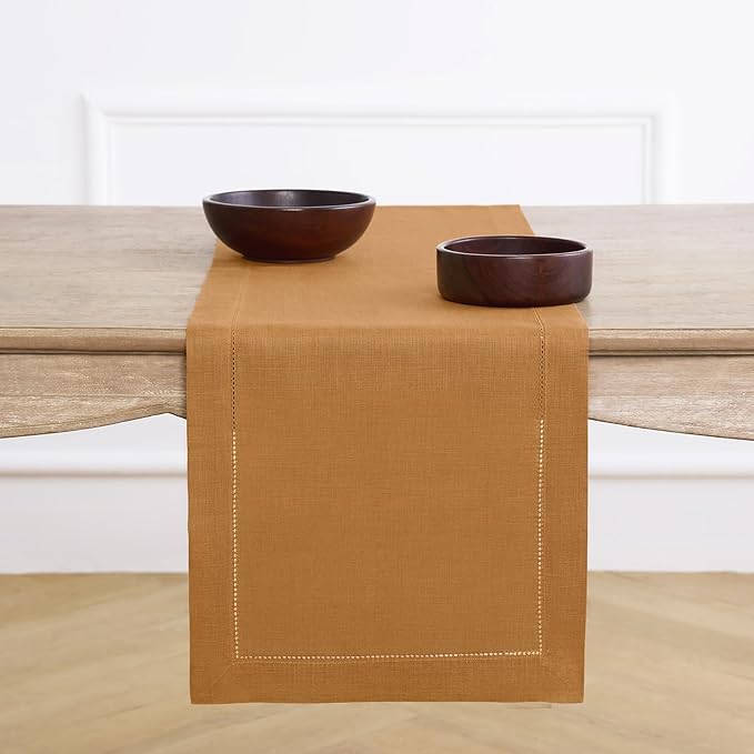 Solino Home Linen Table Runner 48 Inches - 100% Pure Linen Brown Sugar Hemstitch Table Runner 14 x 48 Inch Ideal for Dresser and Coffee Tables - Fall, Autumn, Thanksgiving - Classic Hemstitch