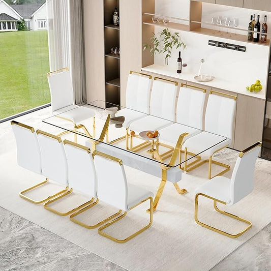 11 Piece Glass Dining Table Set, 79" Modern Dining Table Set for 10, 0.5" Thick Tempered Glass Tabletop with Silver Chrome Metal Legs and Grey Crossbar, 10 PU Chairs for Dining Room, Kitchen