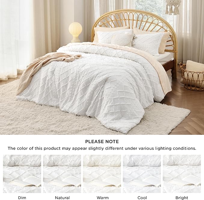 Bedsure Oversized King Comforter Set - White Comforter, Boho Tufted Shabby Chic Bedding for Kids, 3 Pieces Vintage Farmhouse Bed Set for All Seasons, Fluffy Soft Bedding with 2 Pillow Shams