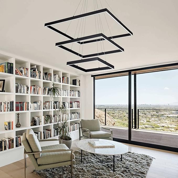 Led Chandelier 3 Rings Square Modern Led Pendant Lighting Dimmable Ceiling Pendant Light for Dining Room Living Room Kitchen Bedroom 15.7"+19.6"+31.4" Black