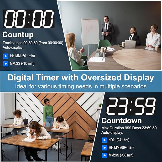 Digital Clock with Large Display 18.7 Inch, GPS Auto-Sync Time, Wall-Mounted with Remote Control, Ideal for Classroom Use