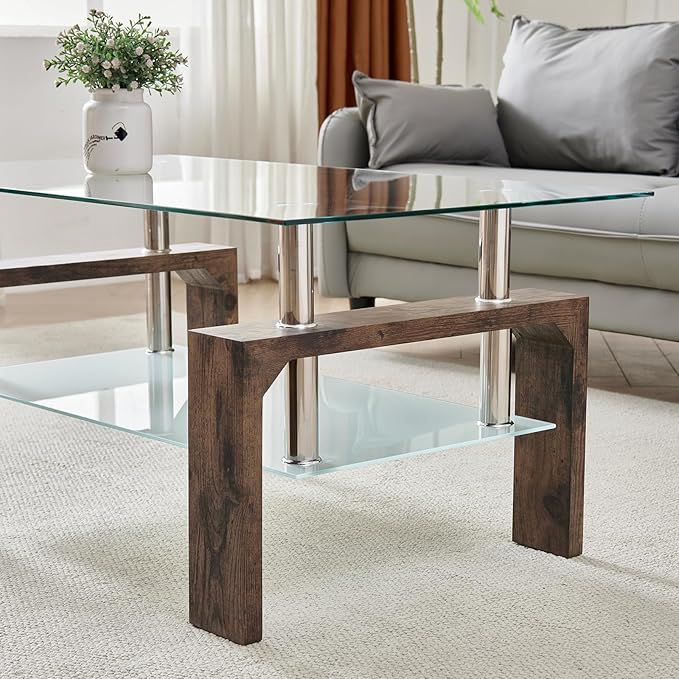 Living Room Rectangle Coffee Table, Tea Table Suitable for Waiting Room, Modern Side Coffee Table with Wooden Leg, Glass Tabletop with Lower Shelf.(Brown)