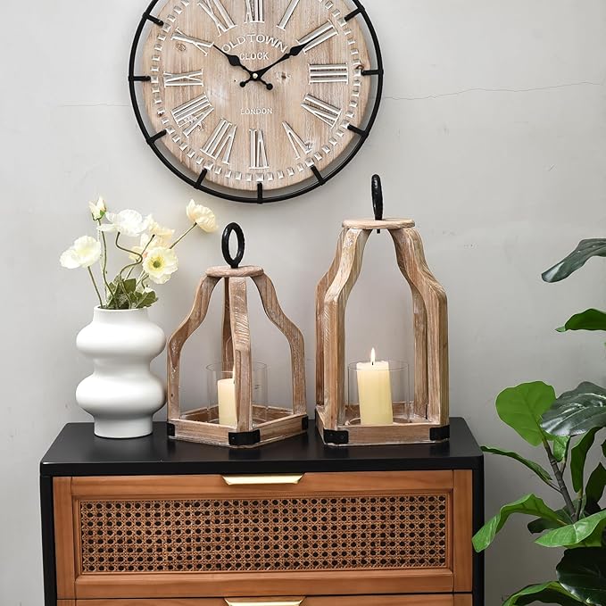 SWALLOWLIVING Rustic Farmhouse Wood Candle Hurricane Lantern with Glass Candlestick Holder for Patio, Table Centerpiece, White Wash, Set of 2