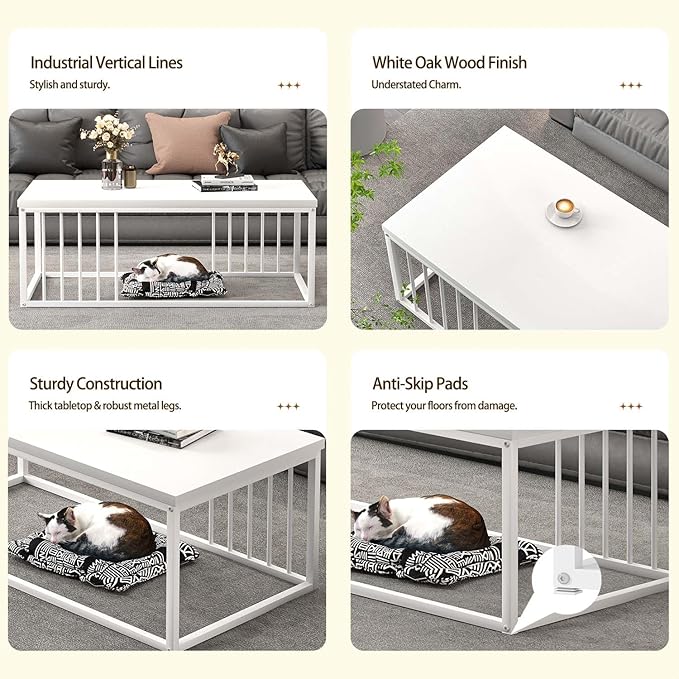 FOLUBAN White Coffee Table, Modern Rustic Wood and Metal Center Table, Industrial Rectangle Cocktail Tea Table for Living Room, White, 43.3 Inch