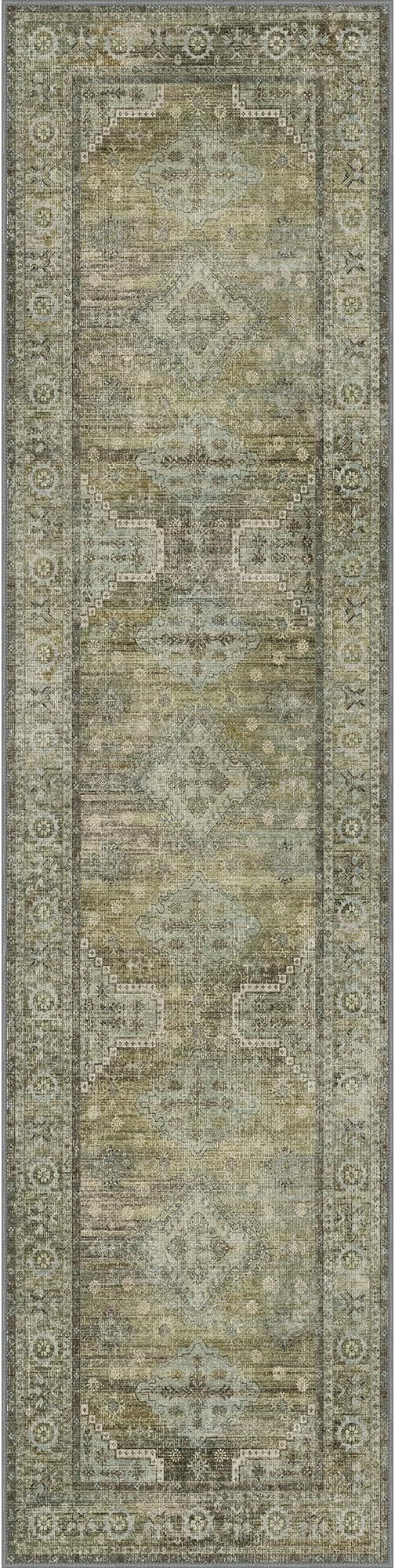 GENIMO Runner Rug 2x8 Non Slip Machine Washable Vintage Hallway Runner Rugs, Low Pile Lightweight Mat for Living Room, Entryway, Bedroom, Kitchen and Corridor, Distressed Sage