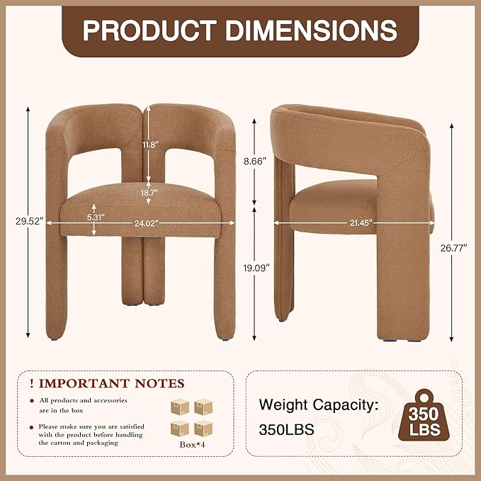 Modern Barrel Dining Chairs Set of 4, Upholstered Linen Dining Room Chair with Wooden Legs, Accent Chairs for Kitchen/Dining Room/Living Room, Brown