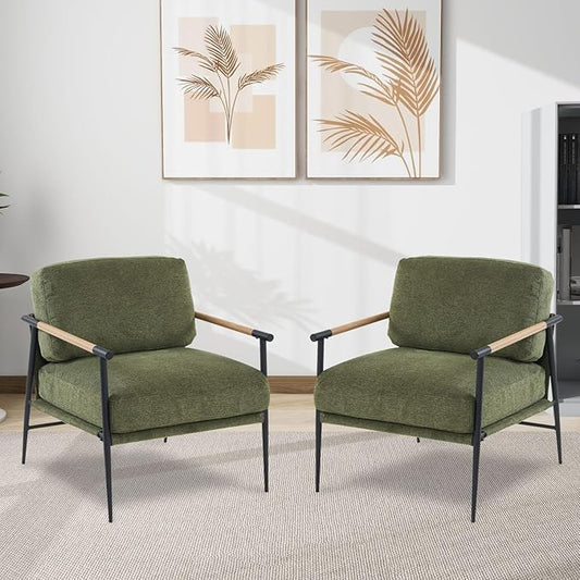 2PCS Green Accent Chair Set of 2 Chenille Mid Century Modern Armchair with Upholstered Soft Cushion for Living Room,Lounge,Bedroom,Wood-Grain Metal Armrest Legs