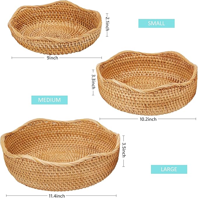 Natural Rattan Round Fruit Basket Bowls, Hand Woven Decor Serving Baskets, Wicker Storage for Dinning Room (Wave-Combo)