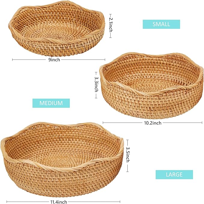 Natural Rattan Round Fruit Basket Bowls, Hand Woven Decor Serving Baskets, Wicker Storage for Dinning Room (Wave-Small)