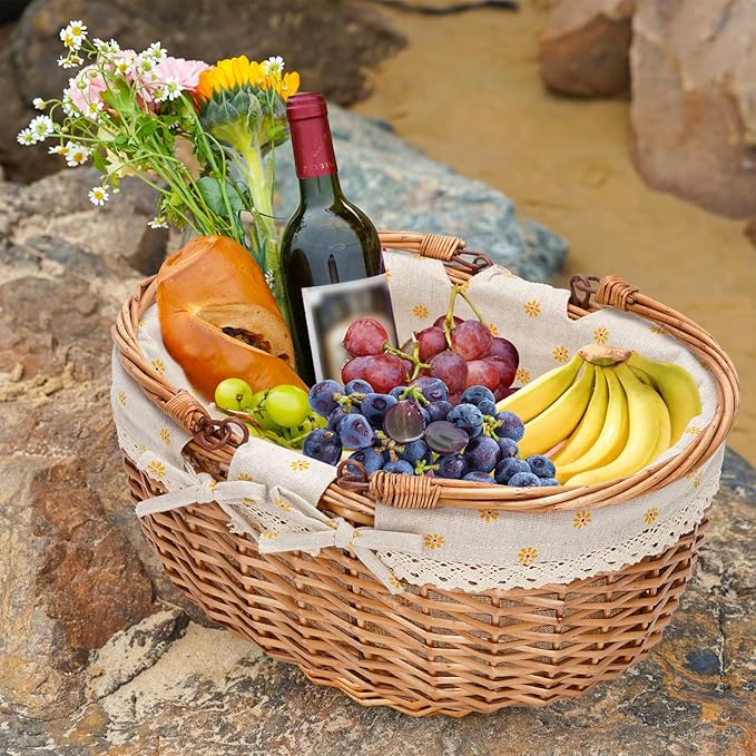 G GOOD GAIN Wicker Picnic Basket with Double Folding Handles,Willow Picnic Hamper,Natural Hand Woven Easter Basket,Easter Eggs and Candy Basket,Bath Toy and Kids Toy Storage,Gift Packing Basket.Yellow